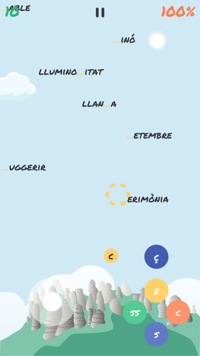 Defensa La Llengua gameplay: Catalan words with missing letters fall over Montserrat.
