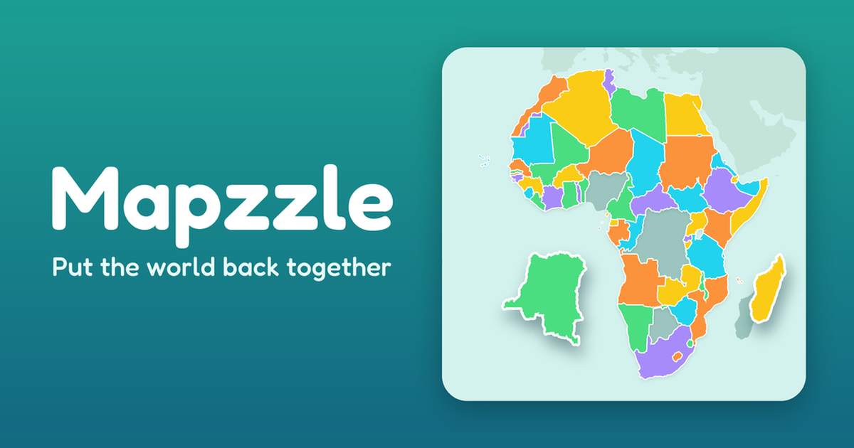 Mapzzle: a map of Africa as a colourful jigsaw, with the Democratic Republic of the Congo lifted out as a loose piece.